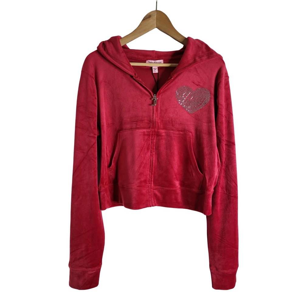 Juicy Couture Red Velour Rhinestone Heart Zip Up Hoodie Cropped Womens L NEW